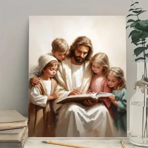 Christian Inspirational Canvas Wall Art - Jesus & Youngsters Design (With Bible Verse, Ready to Hang, Ideal for Nursery